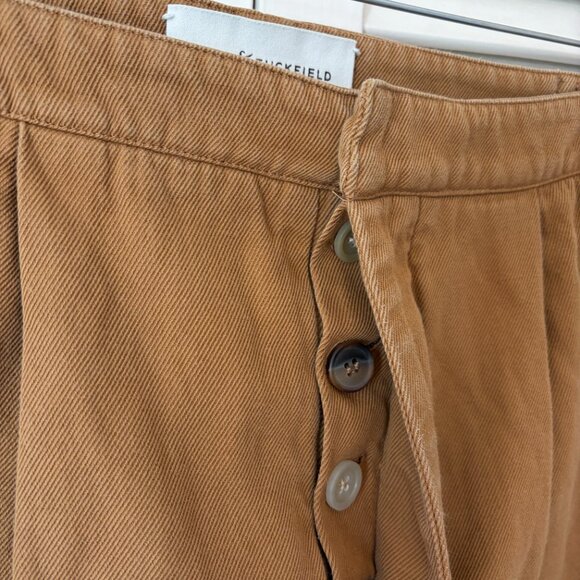 King & Tuckfield men's Tan Tab trousers 29 linen cotton toffee pleated *flaws* - Picture 6 of 13
